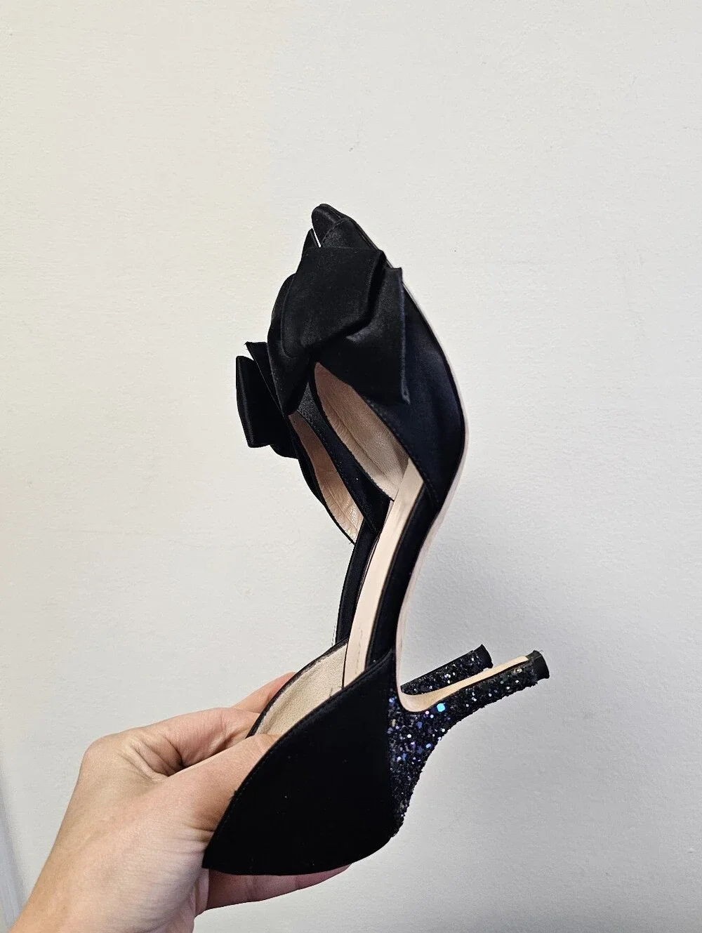 Kate Spade Sala Satin Bow D'Orsay Glitter Heel Pumps Black 6.5